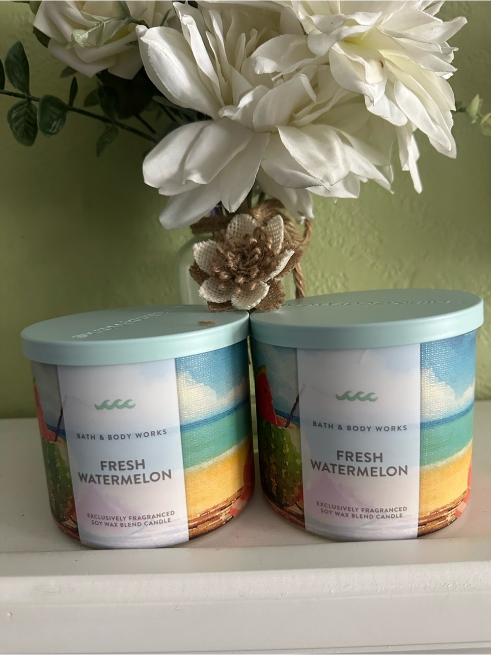 Bath & Body Works Fresh Watermelon Scented Candle X2- Mint Lid